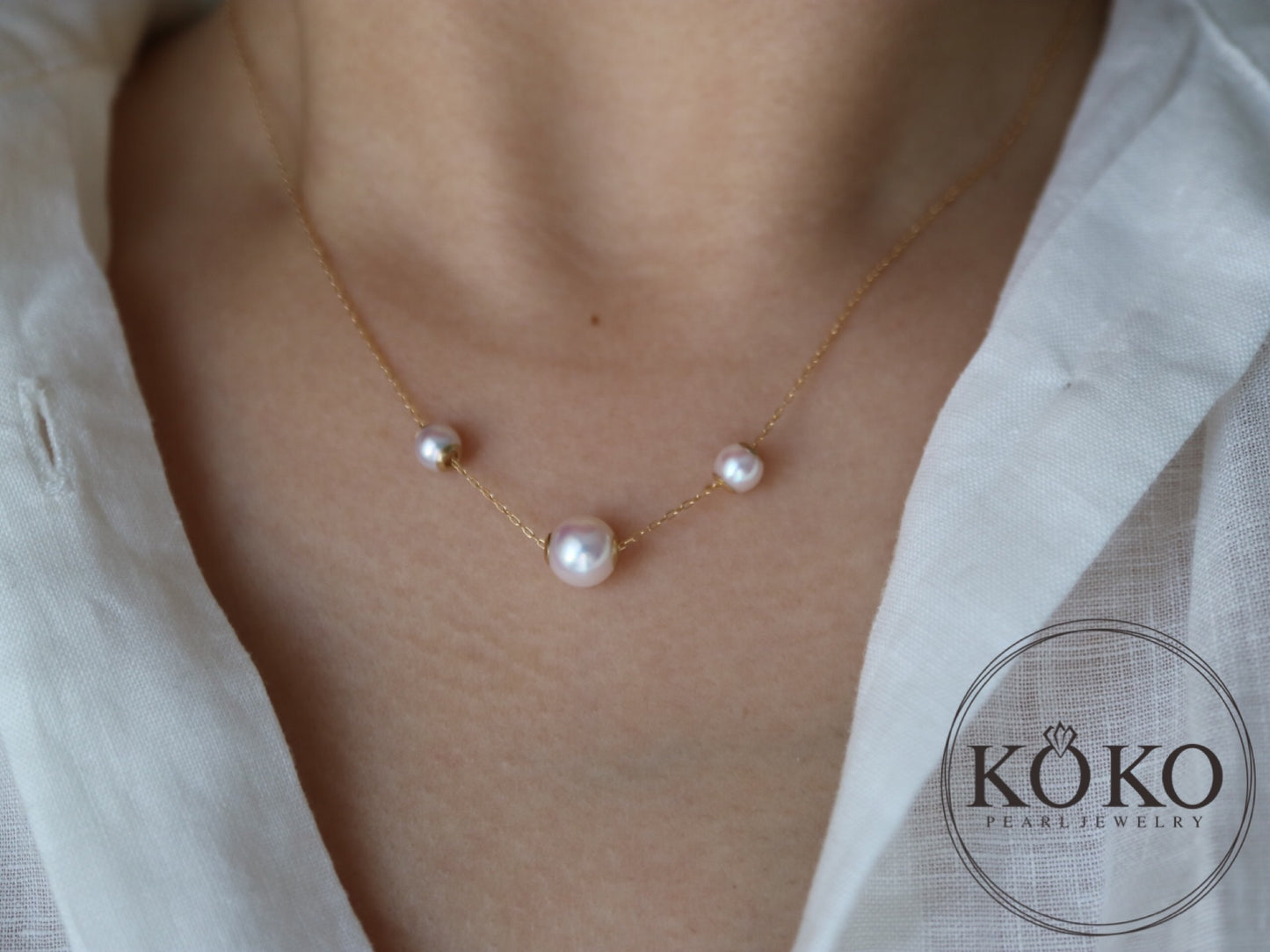 Movable 5.0+7.0mm Three Akoya Pearl Pendant Necklace 18K Yellow Gold
