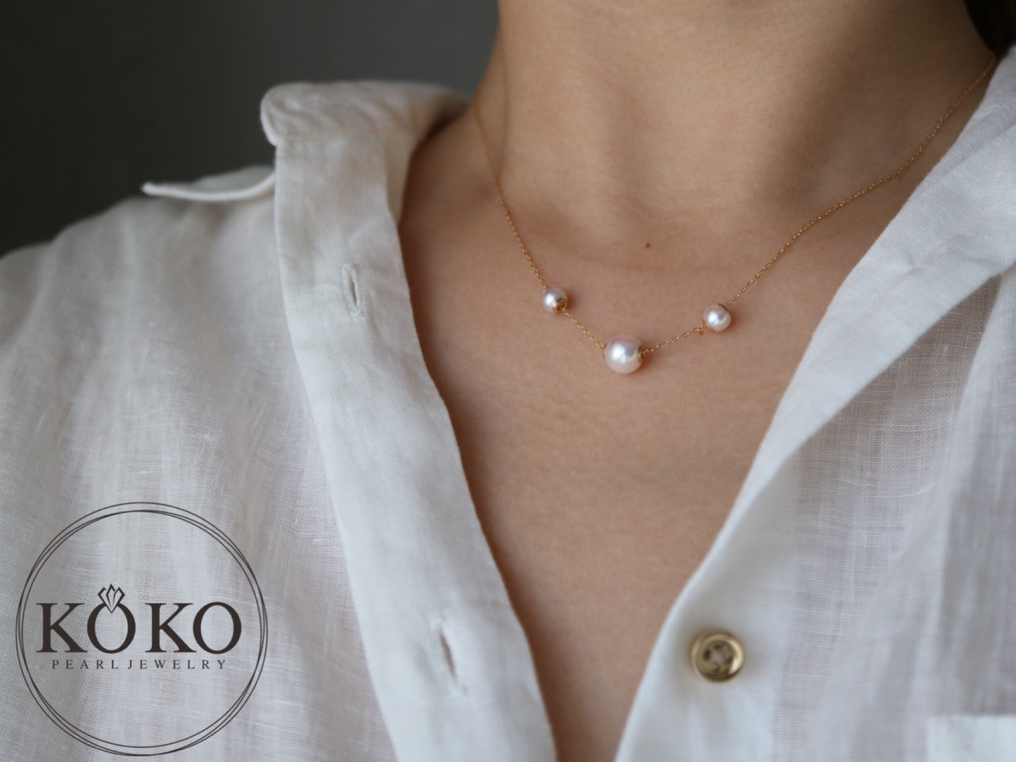 Movable 5.0+7.0mm Three Akoya Pearl Pendant Necklace 18K Yellow Gold