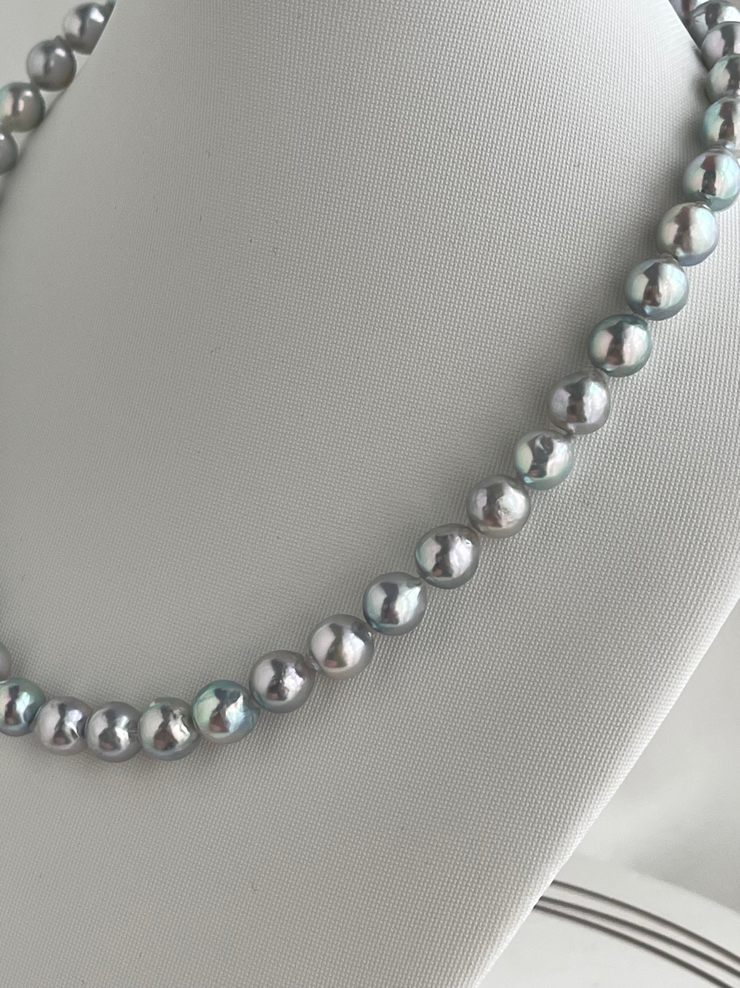 Certified 8.5mm Natural Silver Blue Tone Baroque Shaped Akoya Pearl Strand Necklace