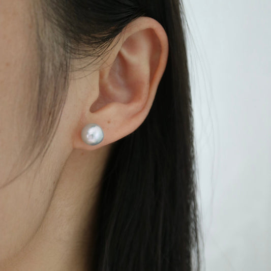 Pierced/Clip-On Type | 8.0mm Natural Silver Blue Baroque Akoya Pearl Stud Earrings
