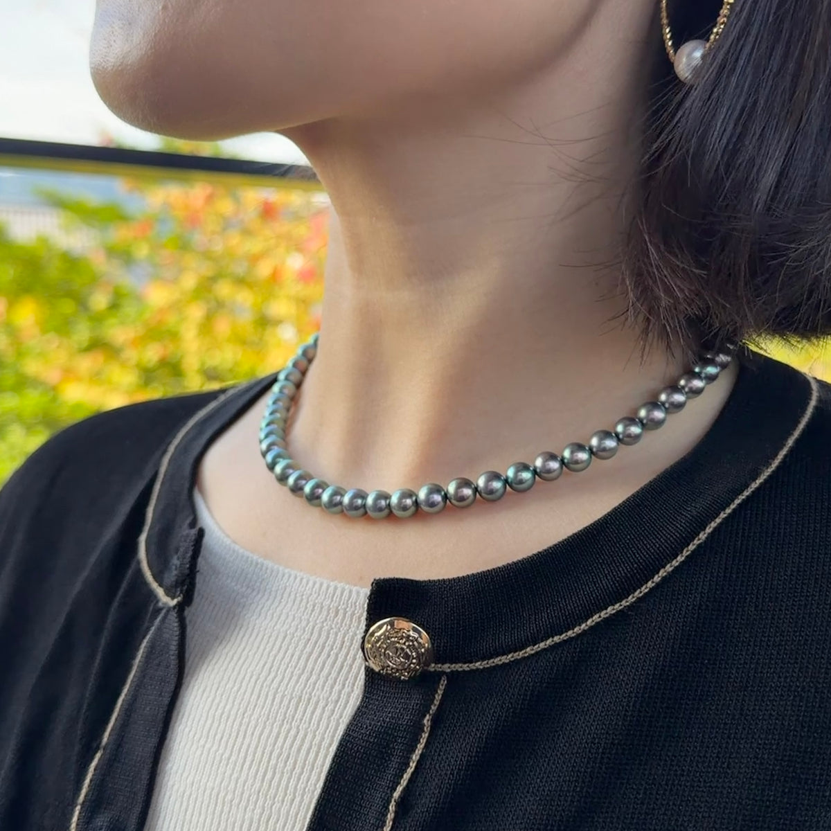 Peacock Green 7mm Japanese Akoya Pearl Beaded Necklace