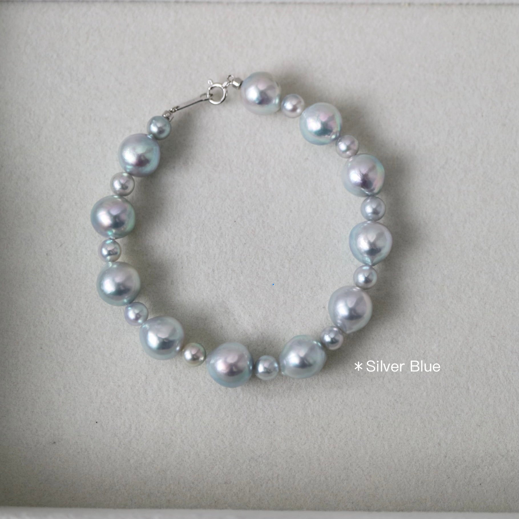Silver blue Akoya pearl bracelet with lustrous round pearls, handmade Japanese jewelry