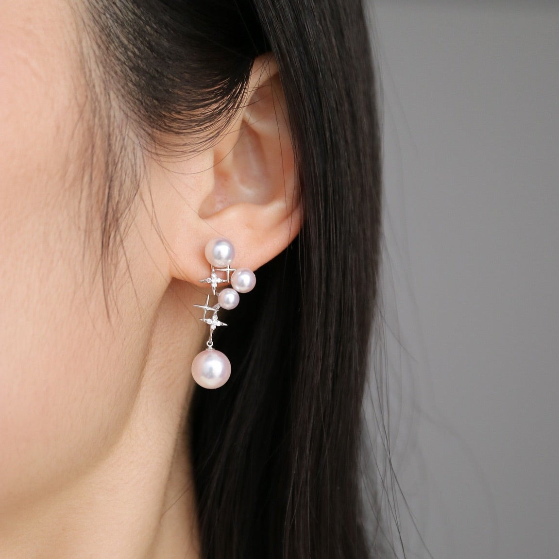 Mirror Like Lustre 4.5-9.0mm Akoya Pearl Diamond Starry Drop Earrings 18k White Gold