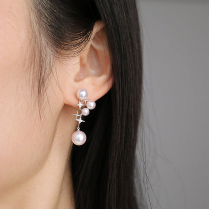 Mirror Like Lustre 4.5-9.0mm Akoya Pearl Diamond Starry Drop Earrings 18k White Gold