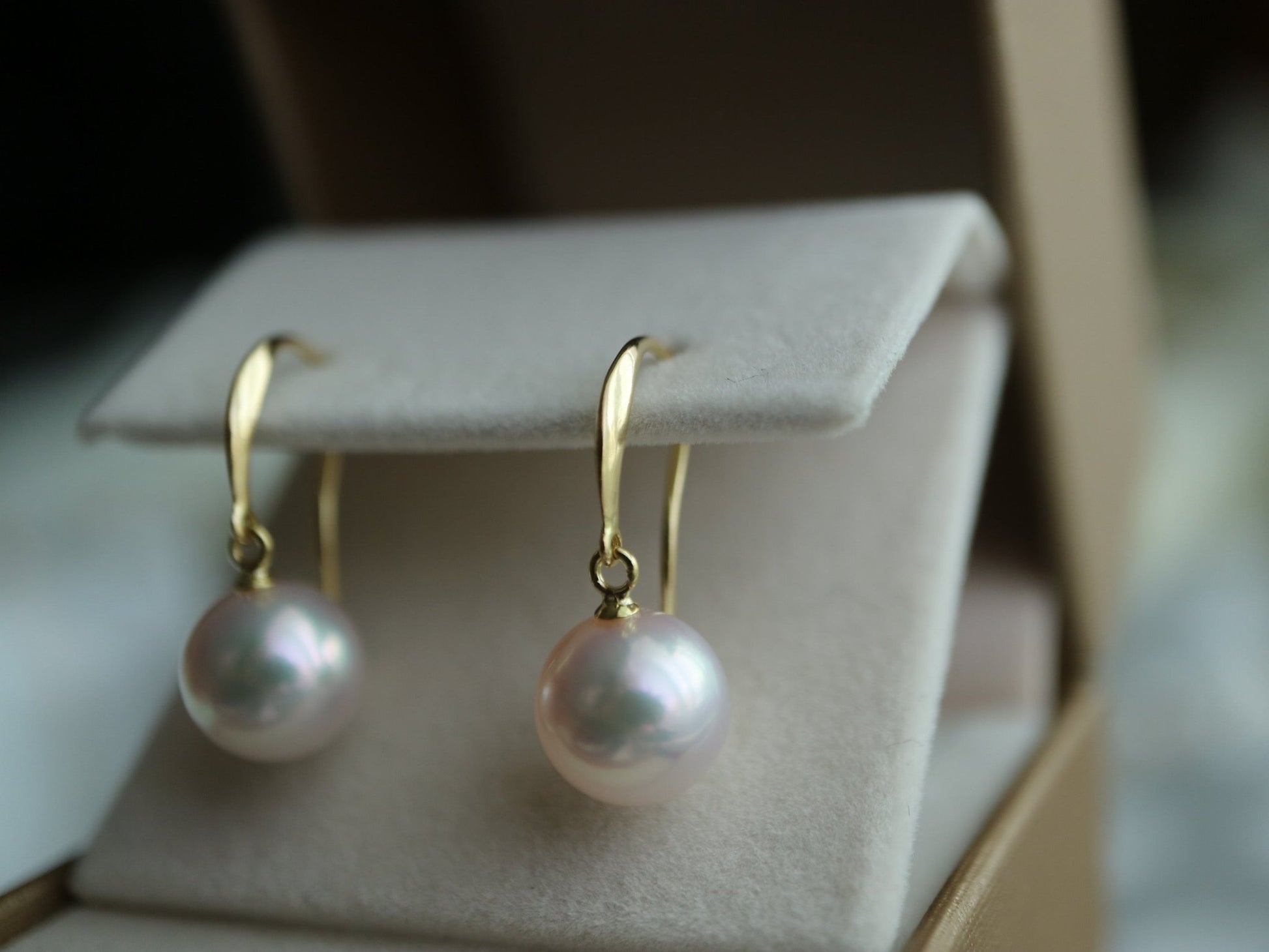 Rare Size 9mm Akoya Pearl Drop Hook Earrings 18K Gold - KOKOPEARLJEWELRY - 6
