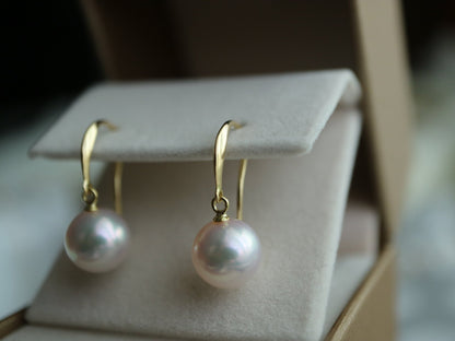Rare Size 9mm Akoya Pearl Drop Hook Earrings 18K Gold - KOKOPEARLJEWELRY - 6