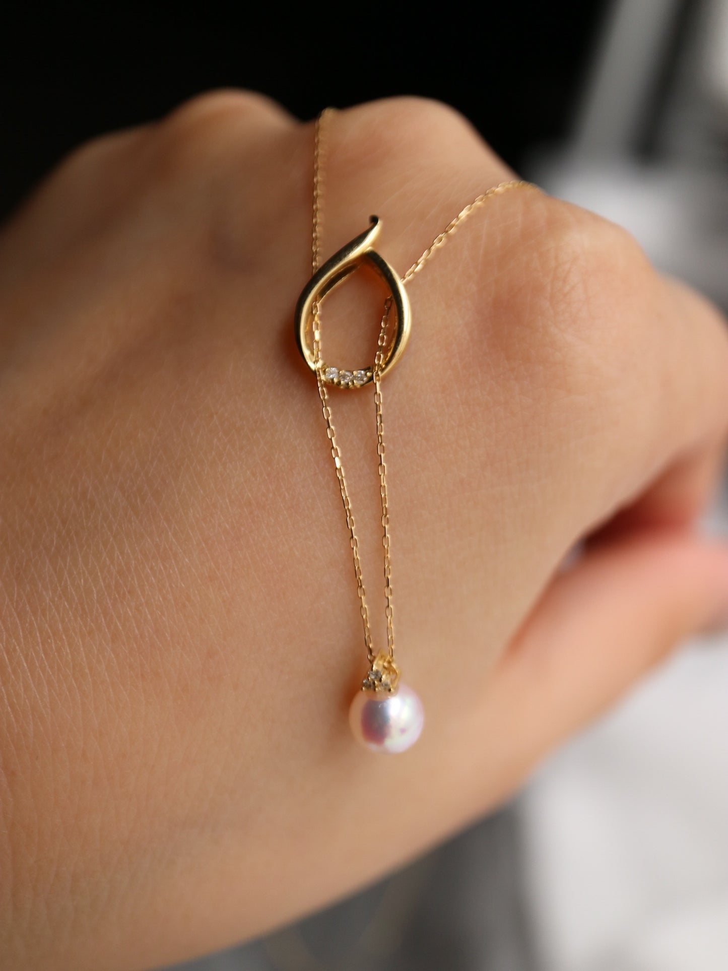 2way 着用 6mm アコヤ真珠 ダイヤモンド ウォータードロップ ペンダントネックレス 18K イエローゴールド