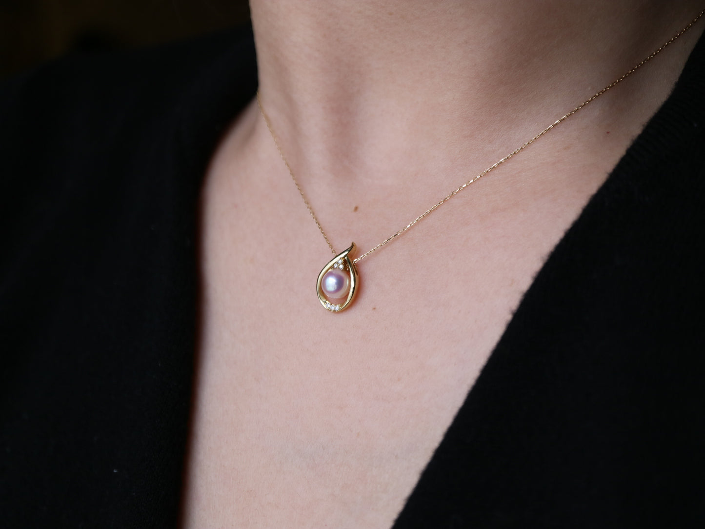 2way 着用 6mm アコヤ真珠 ダイヤモンド ウォータードロップ ペンダントネックレス 18K イエローゴールド