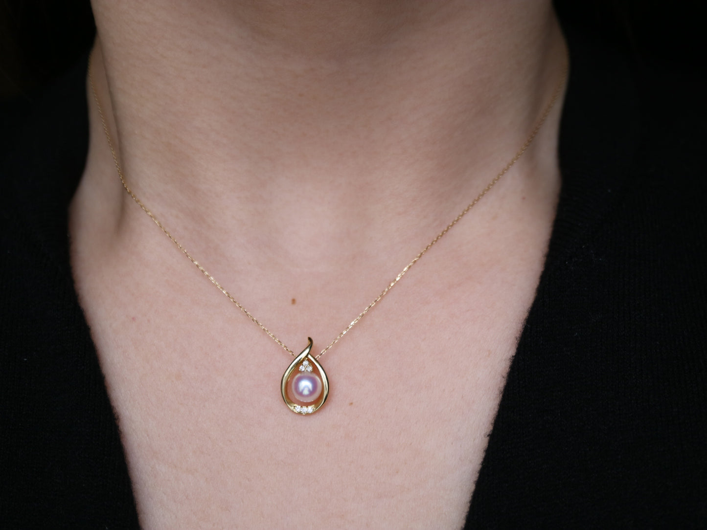 2way 着用 6mm アコヤ真珠 ダイヤモンド ウォータードロップ ペンダントネックレス 18K イエローゴールド