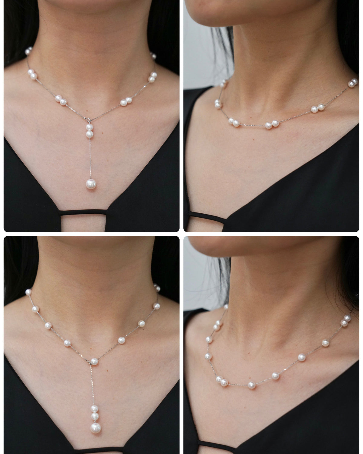 Movable 6.5mm Akoya Pearl Station Necklace | 18K White Gold | Handmade in Japan