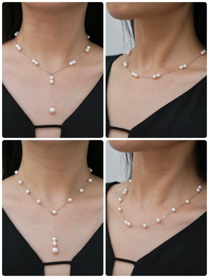 Movable 6mm Akoya Pearl All in One Station Necklace 18K White Gold - KOKOPEARLJEWELRY - 2