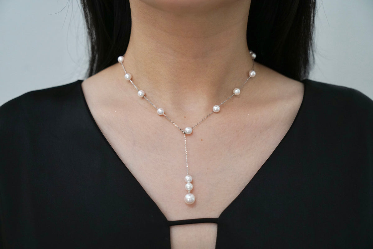 Movable 6.5mm Akoya Pearl Station Necklace | 18K White Gold | Handmade in Japan