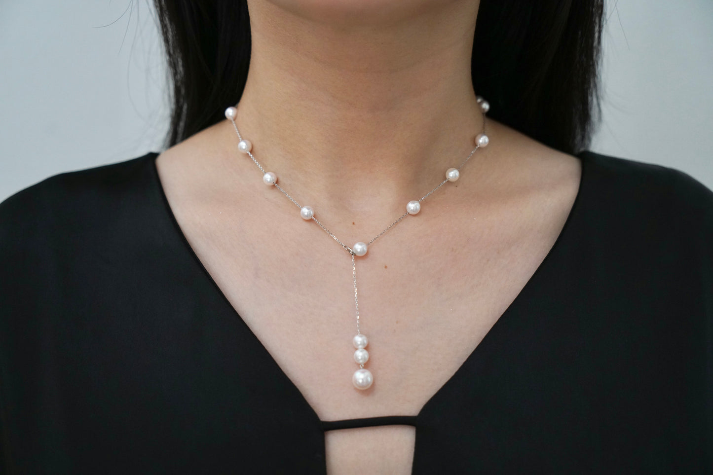 可動式 6mm アコヤ真珠 オールインワン ステーションネックレス 18K ホワイトゴールド