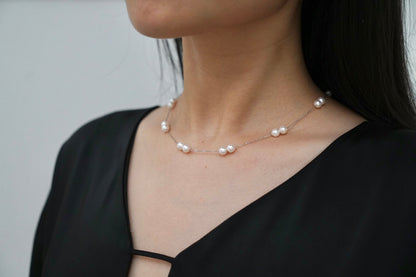 Movable 6mm Akoya Pearl All in One Station Necklace 18K White Gold - KOKOPEARLJEWELRY - 5