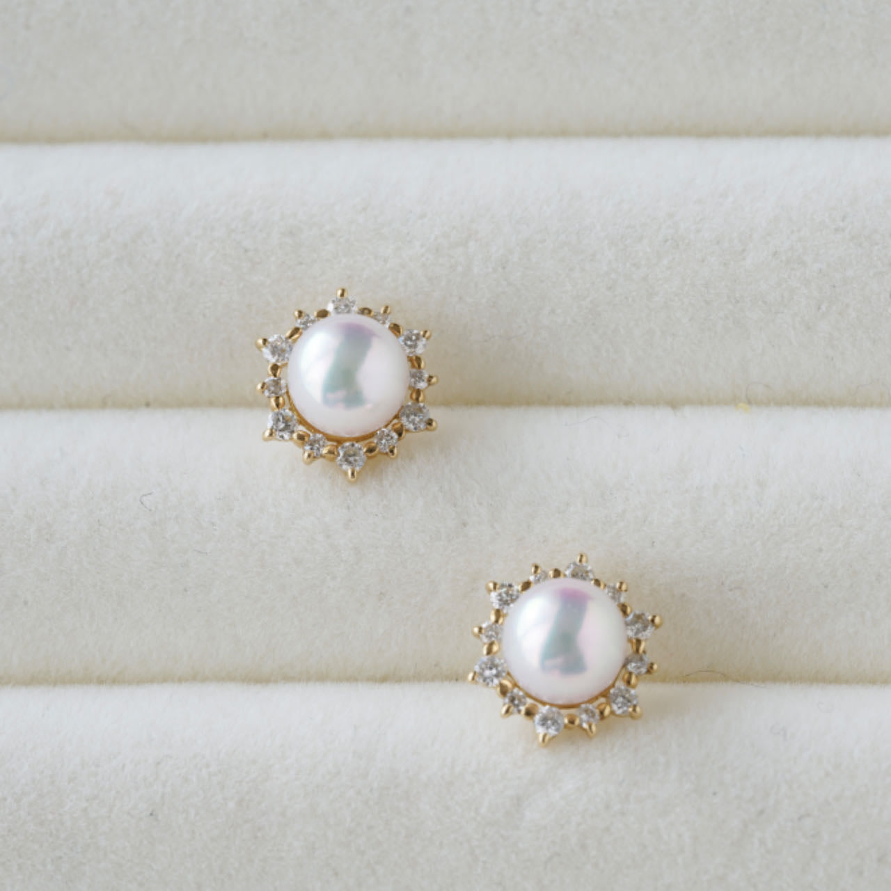 6.5mm Akoya Pearl Diamond Halo Stud Earrings 18K Solid Gold