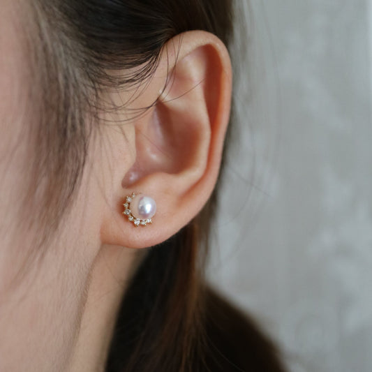 6.5mm Akoya Pearl Diamond Halo Stud Earrings 18K Solid Gold