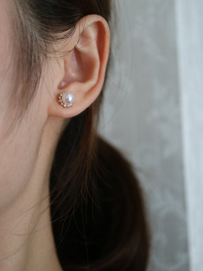 6.5mm Akoya Pearl Diamond Halo Stud Earrings 18K Solid Gold - KOKOPEARLJEWELRY - 1