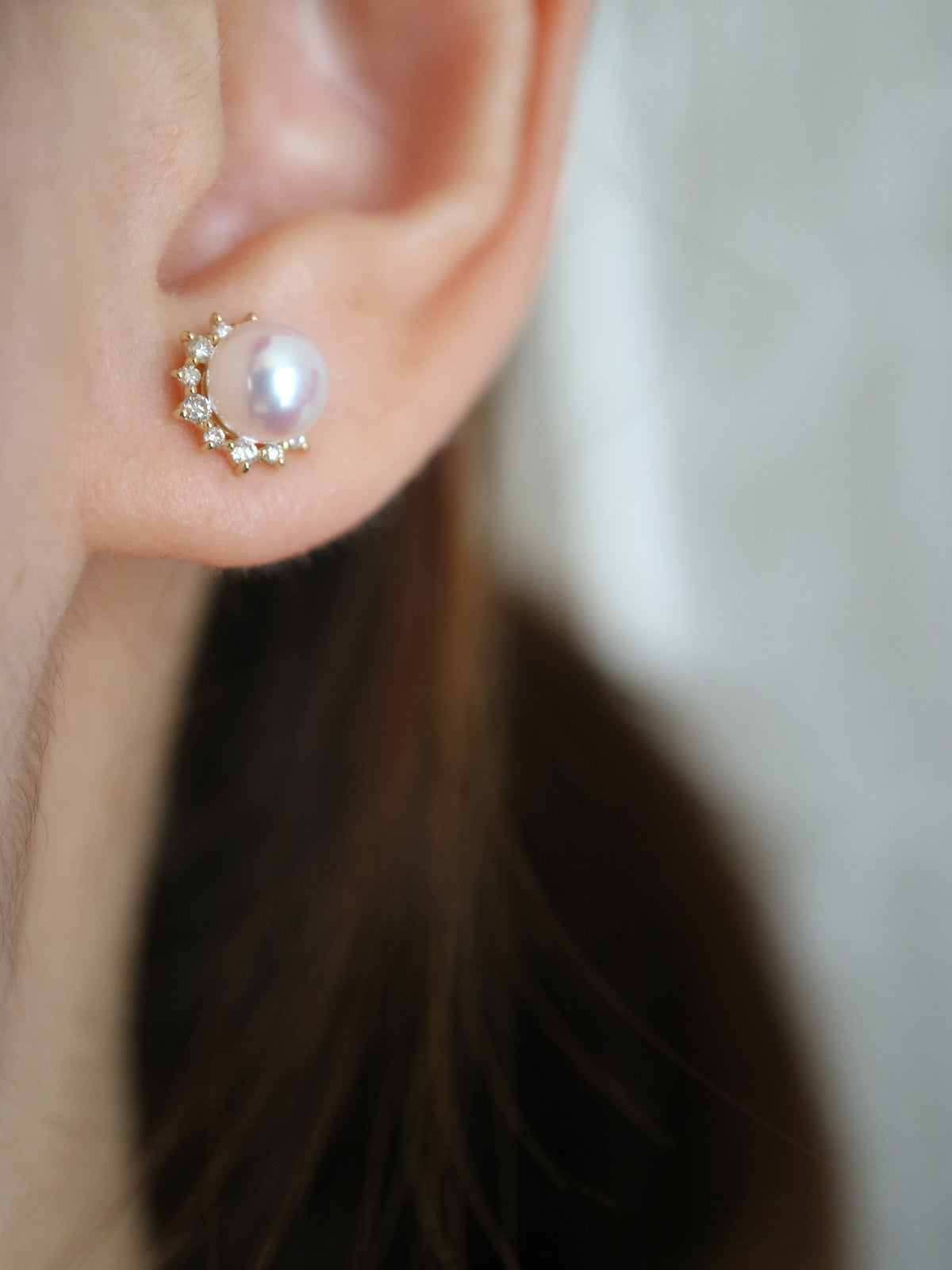 6.5mm Akoya Pearl Diamond Halo Stud Earrings 18K Solid Gold