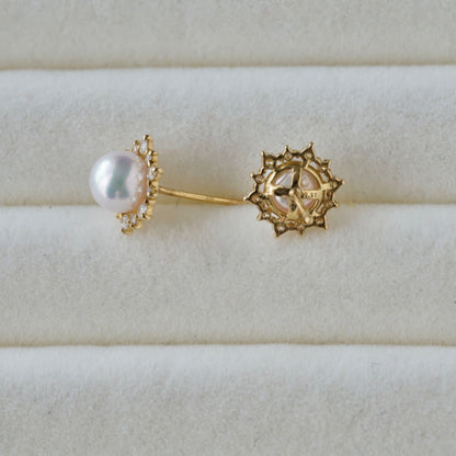 6.5mm Akoya Pearl Diamond Halo Stud Earrings 18K Solid Gold - KOKOPEARLJEWELRY - 6