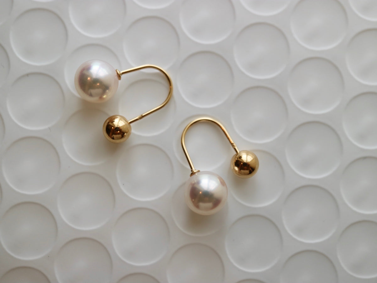 7.5mm Akoya Pearl U Shaped Earrings 18K Yellow Gold - KOKOPEARLJEWELRY - 7