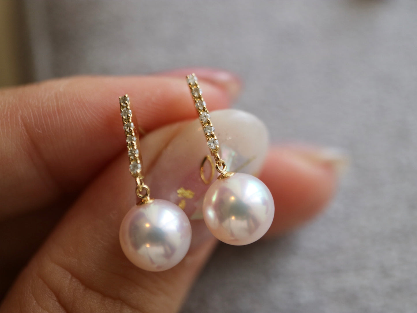 7.5mm Akoya Pearl Diamond Bar Drop Earrings 18K Yellow Gold