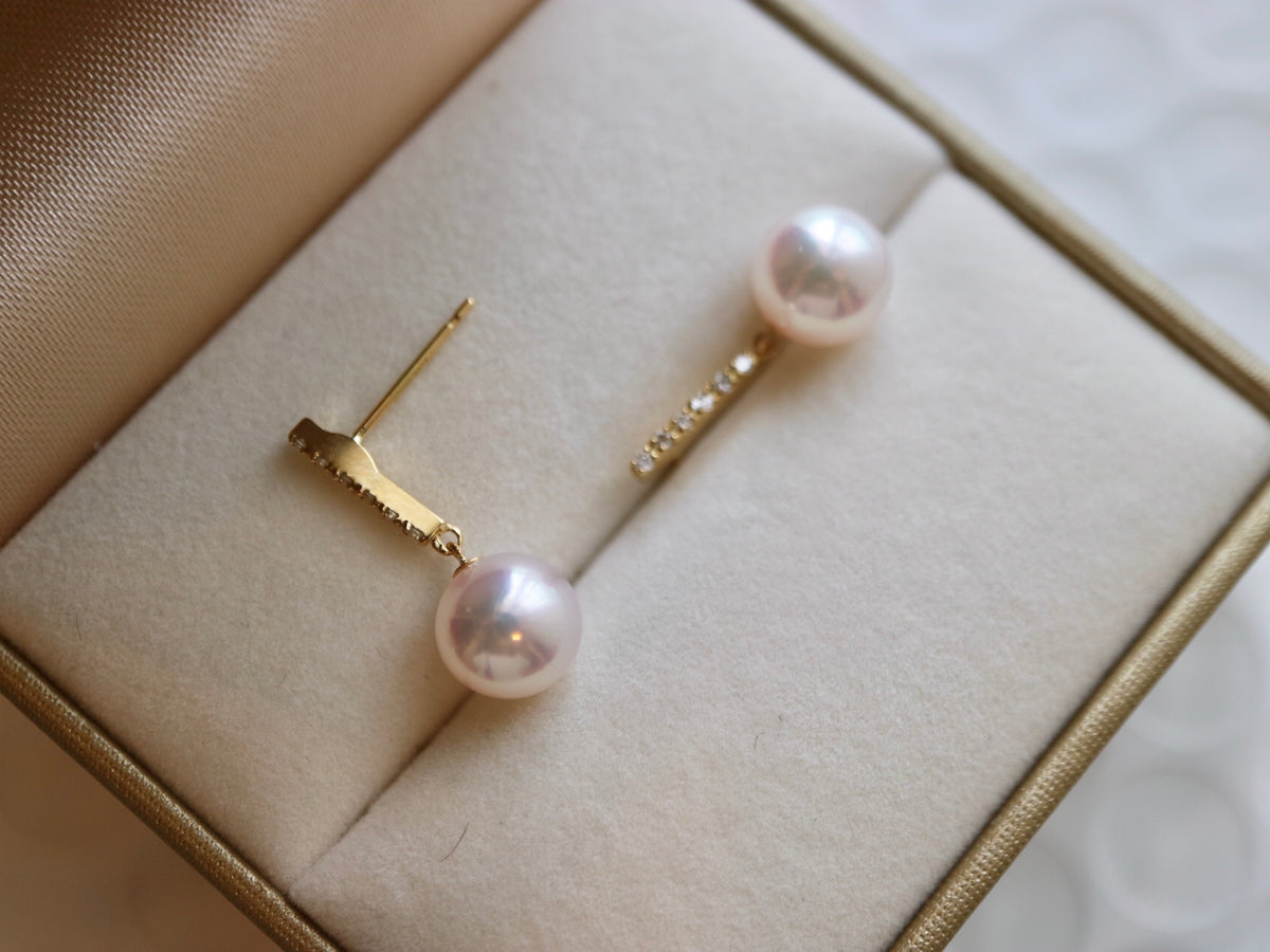 7.5mm Akoya Pearl Diamond Bar Drop Earrings 18K Yellow Gold