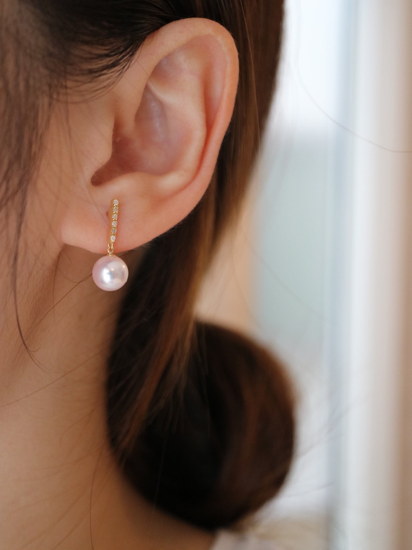 7.5mm Akoya Pearl Diamond Bar Drop Earrings 18K Yellow Gold