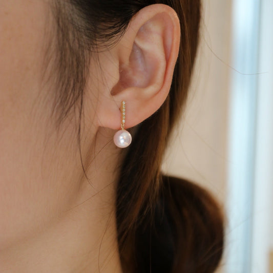 7.5mm Akoya Pearl Diamond Bar Drop Earrings 18K Yellow Gold
