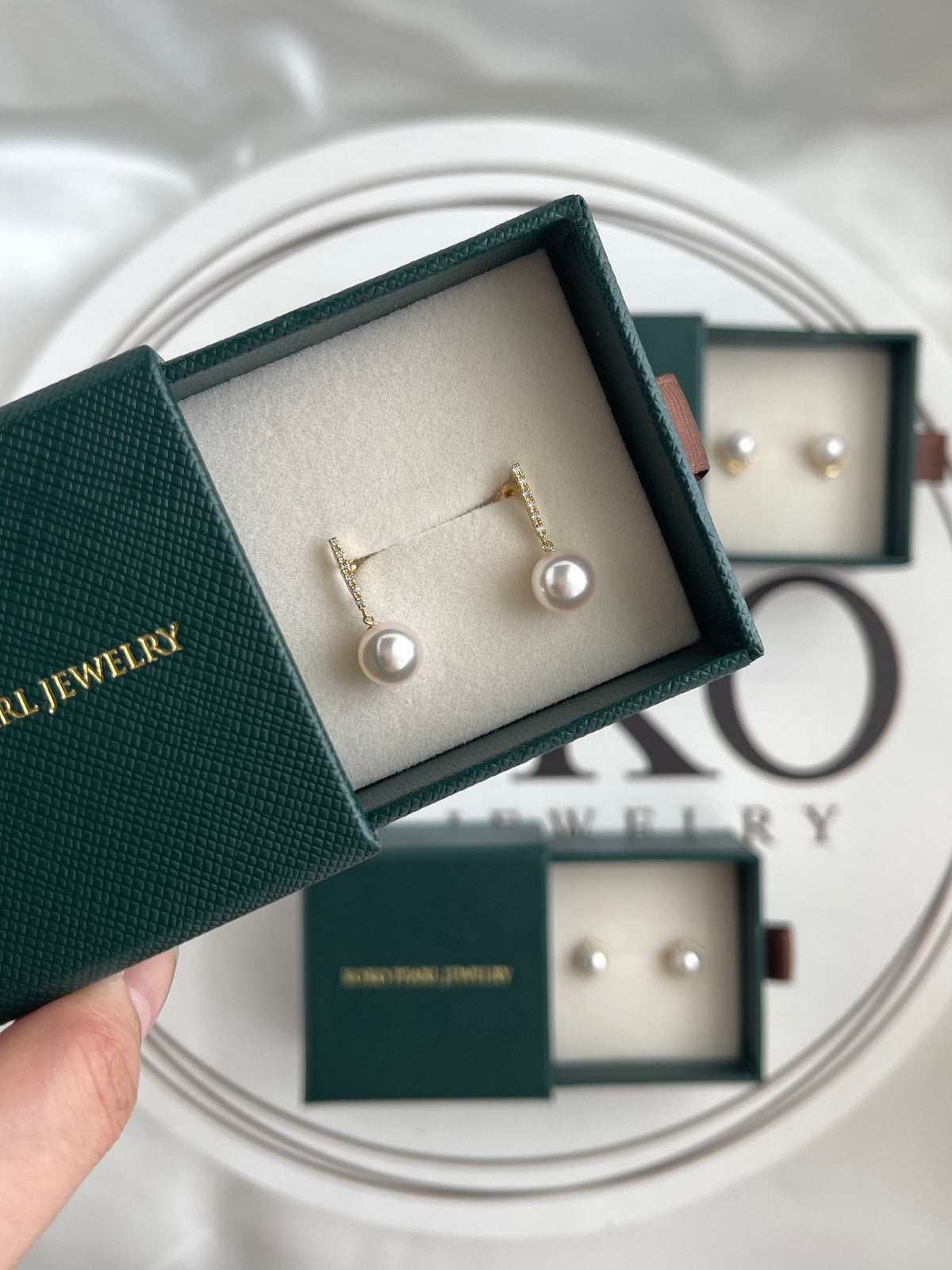 7.5mm Akoya Pearl Diamond Bar Drop Earrings 18K Yellow Gold