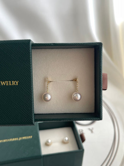 7.5mm Akoya Pearl Diamond Bar Drop Earrings 18K Yellow Gold - KOKOPEARLJEWELRY - 8