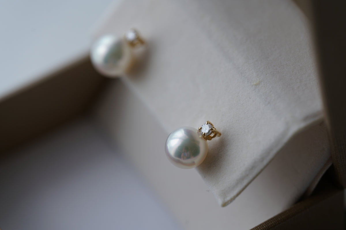 7.5mm Akoya Pearl Diamond Stud Earrings 18K Yellow Gold