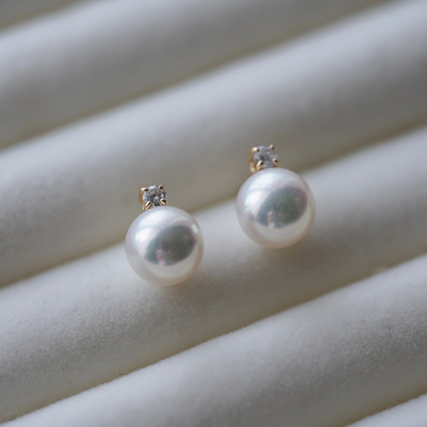 7.5mm Akoya Pearl Diamond Stud Earrings 18K Yellow Gold
