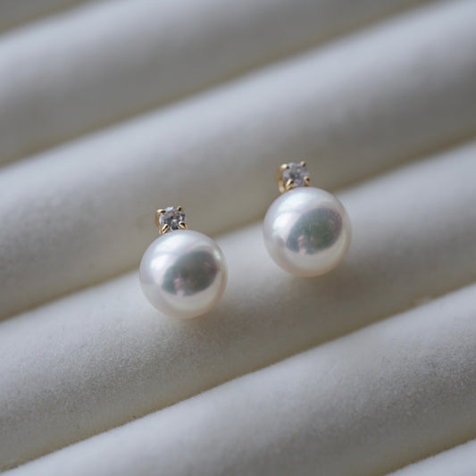 7.5mm Akoya Pearl Diamond Stud Earrings 18K Yellow Gold