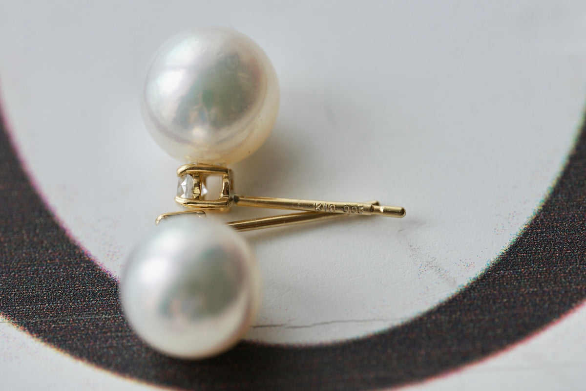 7.5mm Akoya Pearl Diamond Stud Earrings 18K Yellow Gold