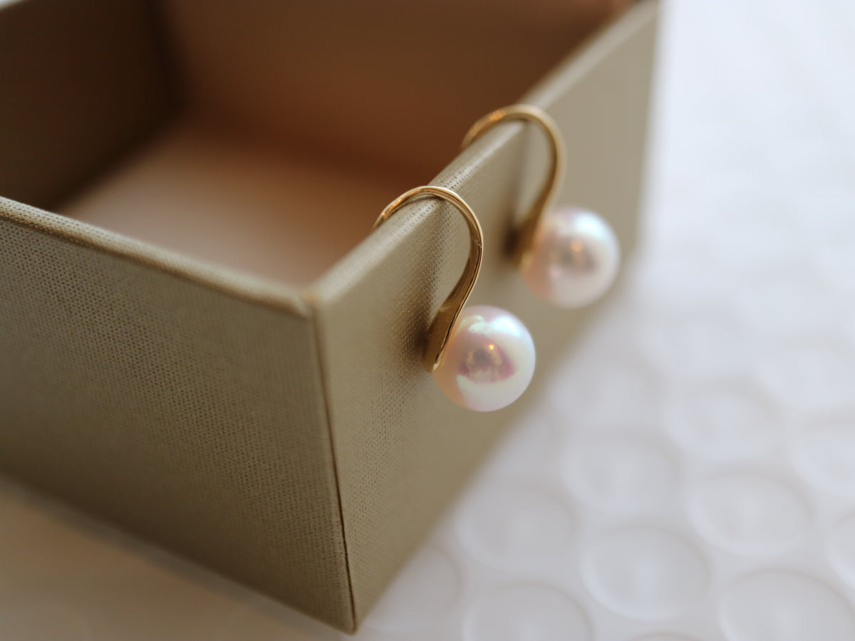 7.5mm White Akoya Pearl Drop Hook Earrings 18K Yellow Gold