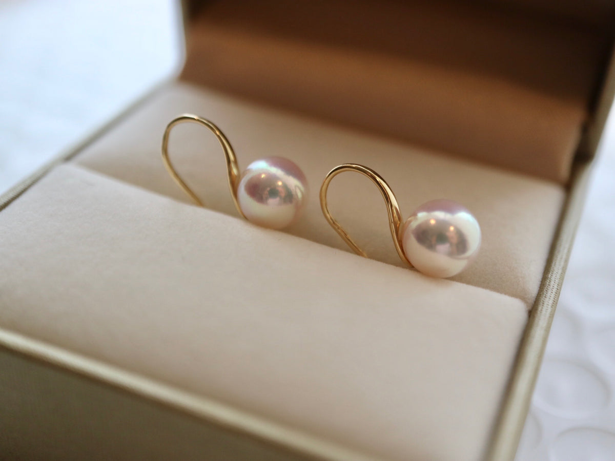 7.5mm White Akoya Pearl Drop Hook Earrings 18K Yellow Gold
