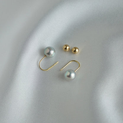 7mm Natural Silver Blue Akoya Pear U Shaped Earrings 18K Yellow Gold - KOKOPEARLJEWELRY - 1