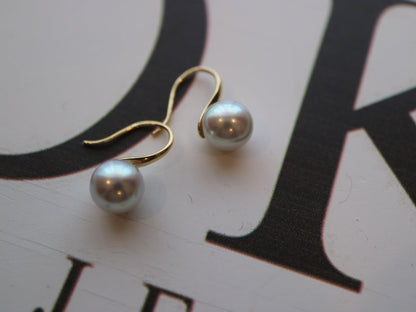7mm Natural Silver Blue Akoya Pearl Drop Hook Earrings 18K Yellow Gold - KOKOPEARLJEWELRY - 7