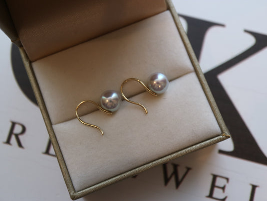 7mm 天然シルバー ブルー アコヤ パール ドロップ フック イヤリング 18K イエロー ゴールド