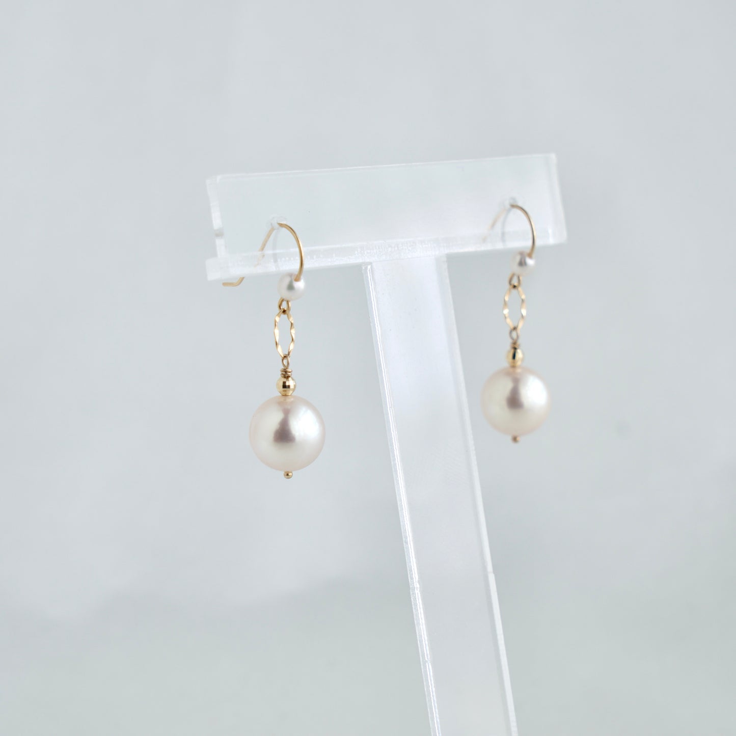 Rare Size 9.0mm Pinkish White Akoya Pearl Drop Hook Earrings 18K Gold
