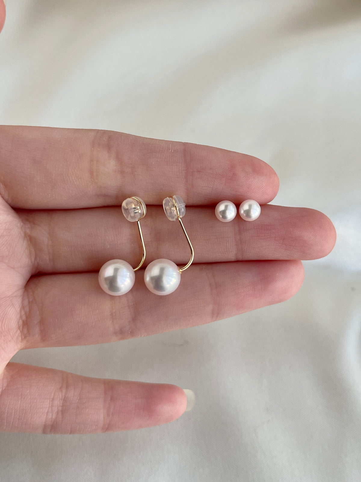 2ways wearing 4.5+8.0mm Akoya pearl L shaped earrings 18k yellow gold