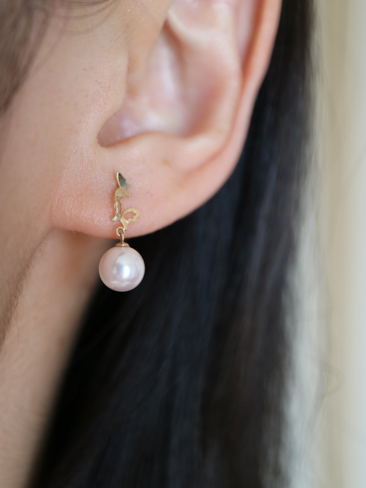 6.5mm Akoya Pearl Butterfly Shaped Dangle Drop Earrings 10K Gold