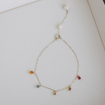 Gold Heart Akoya Pearl Mixed Color Sapphire Station Bracelet 10K Gold - KOKOPEARLJEWELRY - 9
