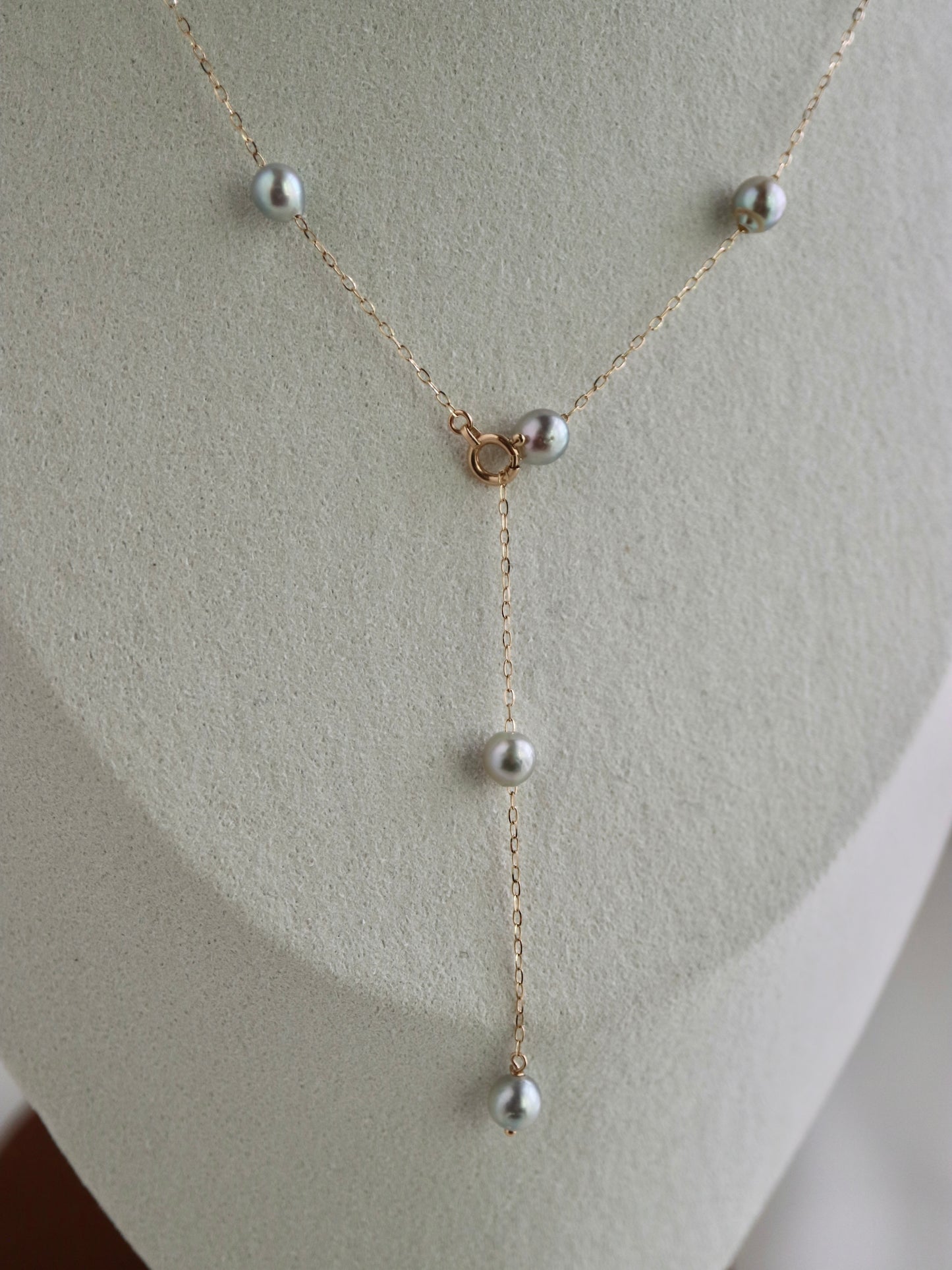 Natural Silver Blue Baroque Akoya Pearl Station Necklace 10K Yellow Gold