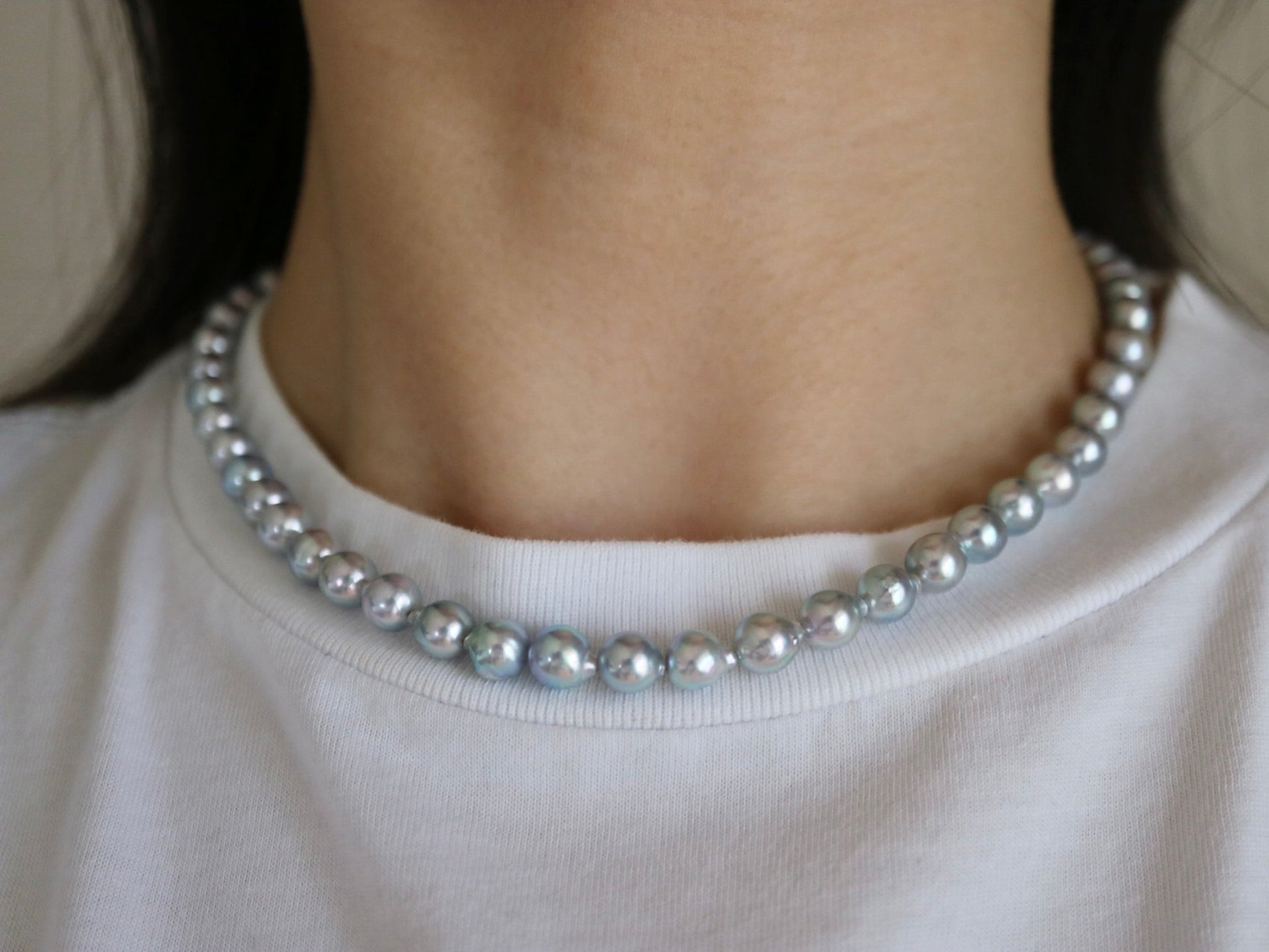 Baroque Shaped 6.5mm Natural Silver Blue Akoya Pearl Strand Necklace - KOKOPEARLJEWELRY - 4