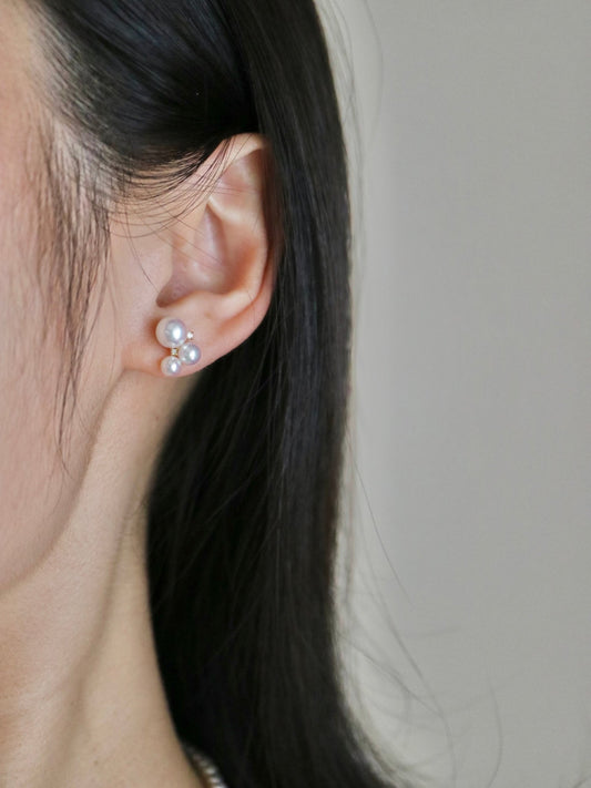 Three Akoya Pearl Diamond Stud Earrings 18K Gold