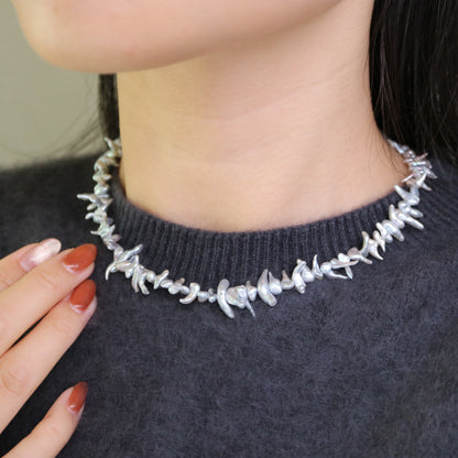 4mm 천연 실버톤 아코야 케시 진주 비즈 목걸이