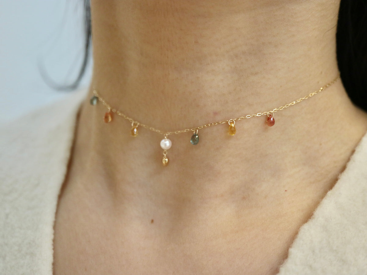 Gold Heart Akoya Pearl Pendant Mixed Color Sapphire Station Necklace 10K Gold