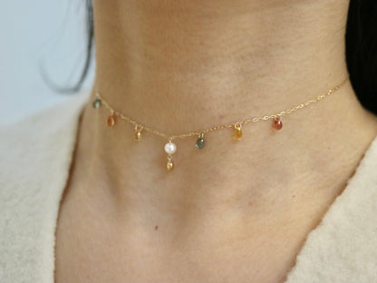Gold Heart Akoya Pearl Pendant Mixed Color Sapphire Station Necklace 10K Gold - KOKOPEARLJEWELRY - 3