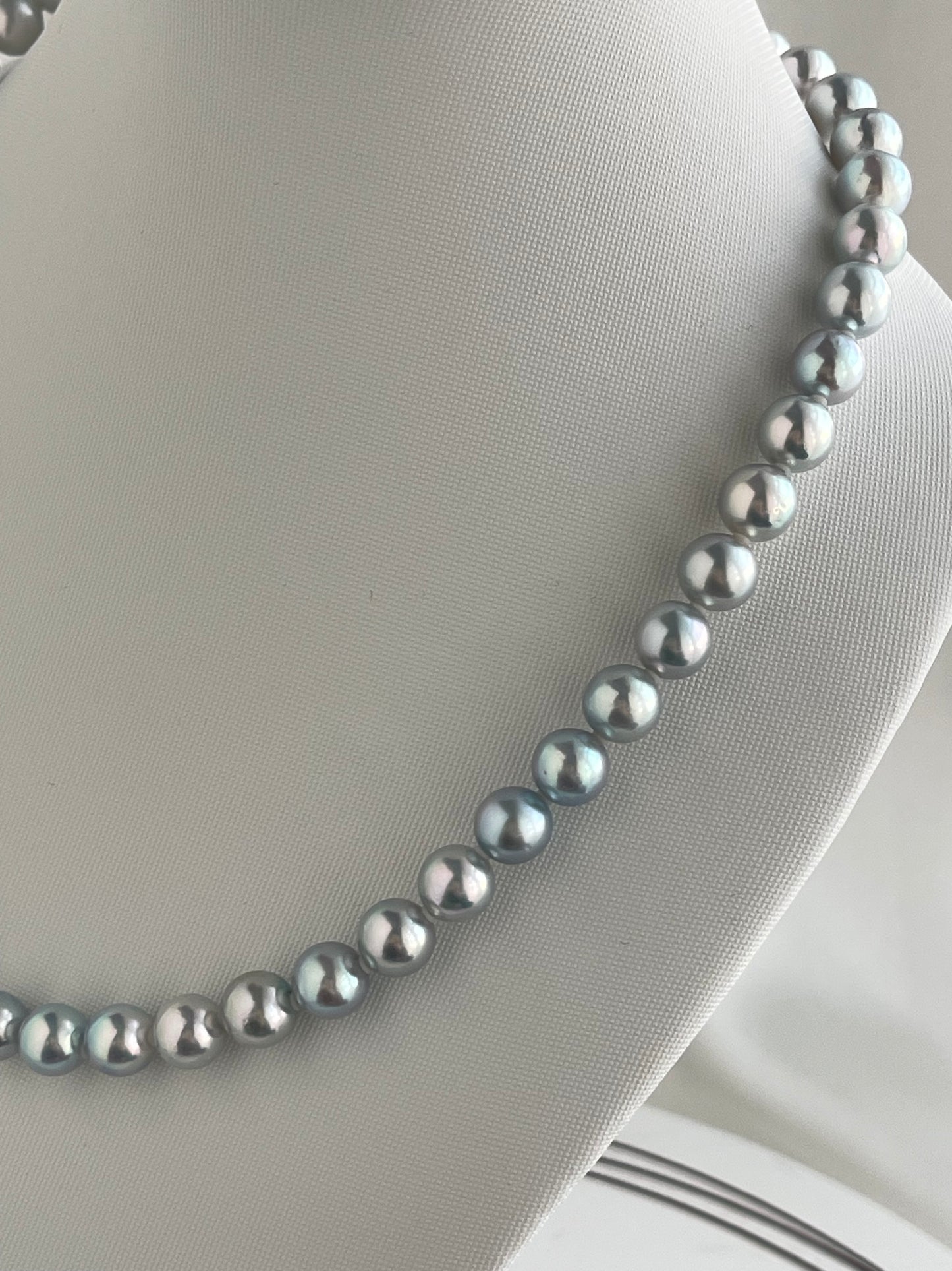 Certified Natural Silver Blue 8mm Akoya Pearl Strand Necklace